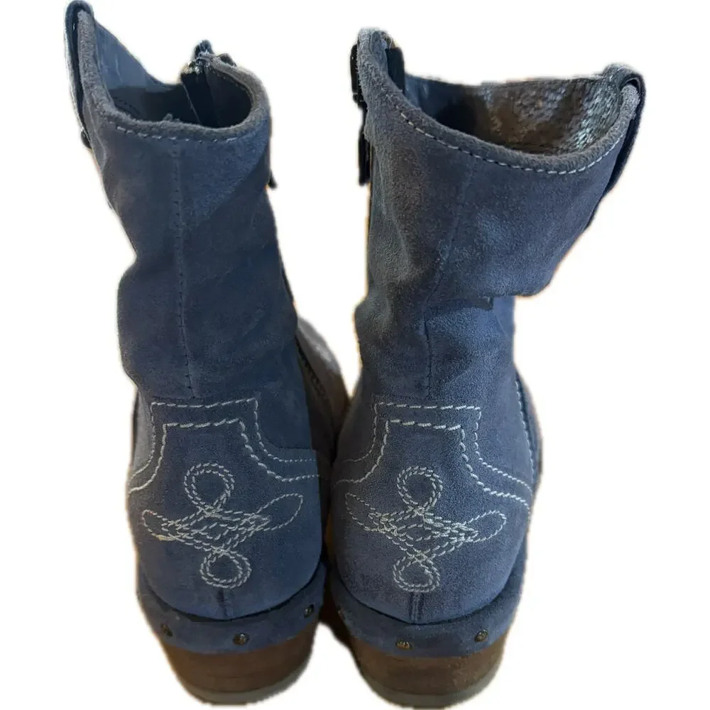 Sundance‎ Womens Western Ankle Boots Blue Suede Embroidered Side Zip 7.5